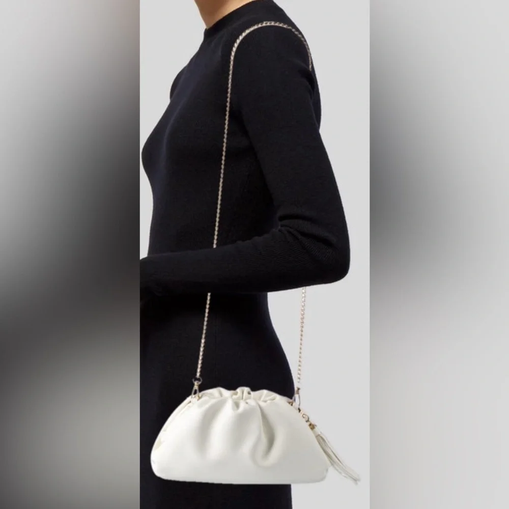 Elegant White Leather Tassel Clutch with Gold Chain